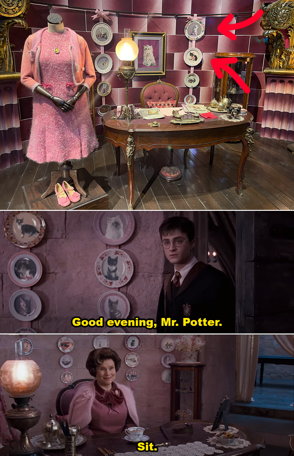 Dolores Umbridge stands in an office adorned with cat plates; below, Harry Potter faces her. A speech bubble commands, "Sit."