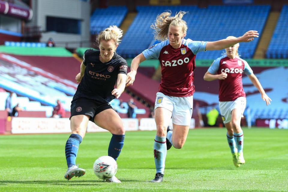 Sam Mewis of Manchester City, left, in action during the FA Women's Super League match between Aston Villa and Manchester City at Villa Park on September 05, 2020 in Birmingham, England.