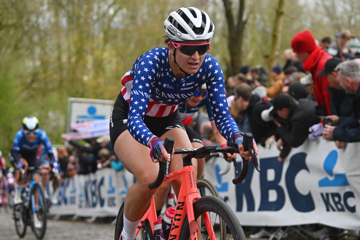 Chloé Dygert competes during the 13rd Gent-Wevelgem in Flanders Fields 2024, Women's Elite a 171.2km one day race from Ieper to Wevelgem, Belgium on March 24, 2024.<span class="copyright">Luc Claessen—Getty Images</span>