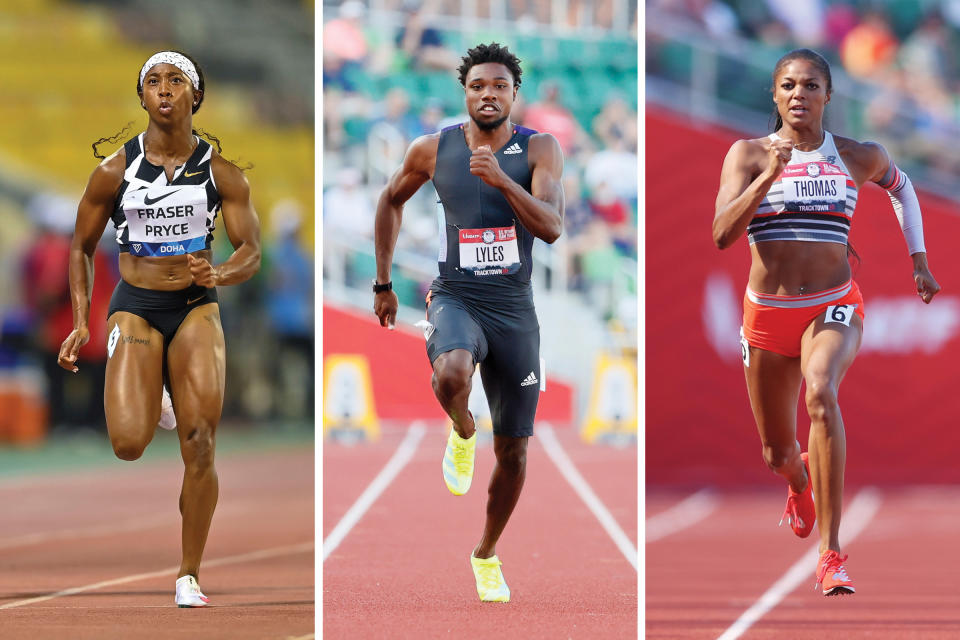 From left, Shelly-Ann Fraser-Pryce, Noah Lyles and Gabby Thomas will be competing in the Tokyo Olympics track events.