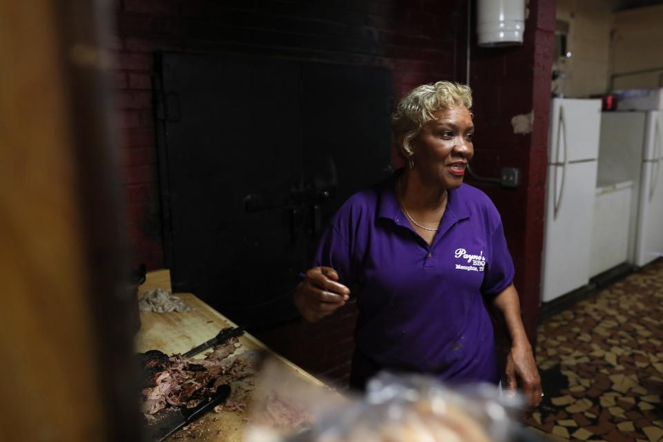 Flora Payne of Payne’s Bar-B-Que chops ribs in the kitchen as Gannett food writers Brad Schmitt of The Tennessean and Jennifer Chandler of The Commercial Appeal tour Memphis’ barbecue on Friday, May 10, 2019.