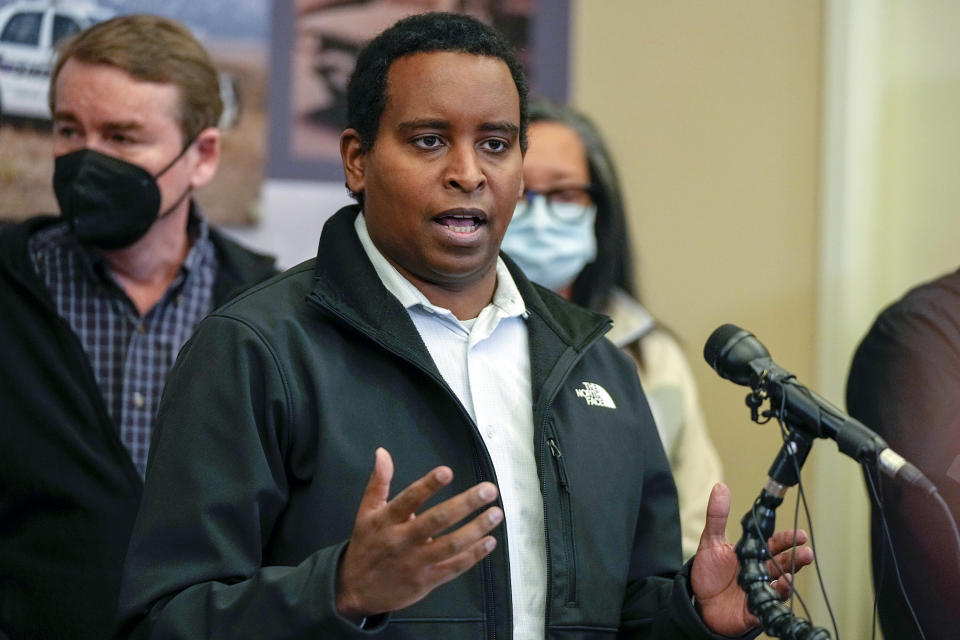 FILE - Rep. Joe Neguse, D-Colo., talks during a news conference updating the Colorado wildfire damage after touring the impacted area Sunday, Jan. 2, 2022, in Boulder, Colo. (AP Photo/Jack Dempsey, File)