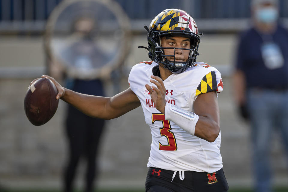 STATE COLLEGE, PA - NOVEMBER 7: Taulia Tagovailoa #3 of the Maryland Terrapins looks to pass against the Penn State Nittany Lions during the first half at Beaver Stadium on November 7, 2020 in State College, Pennsylvania. (Photo by Scott Taetsch/Getty Images)