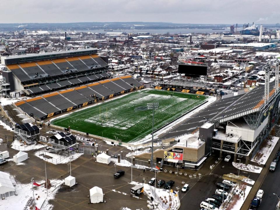 An aerial view of Tim Hortons Field on Dec. 8. Canada men’s national soccer team meets the U.S. in a World Cup-qualifying game in Hamilton on Jan. 30 (Patrick Morrell/CBC - image credit)