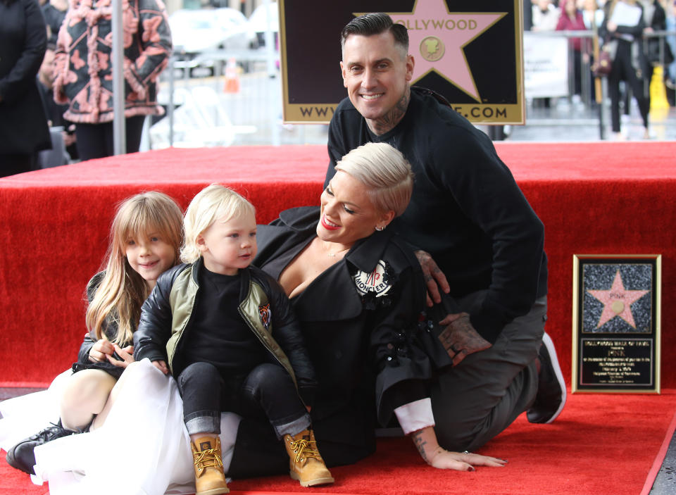 Carey Hart, Alecia Beth Moore aka Pink with their children, Jameson Moon Hart and Willow Sage Hart attend the ceremony honoring Pink with a Star on The Hollywood Walk of Fame held on February 05, 2019 in Hollywood, California.