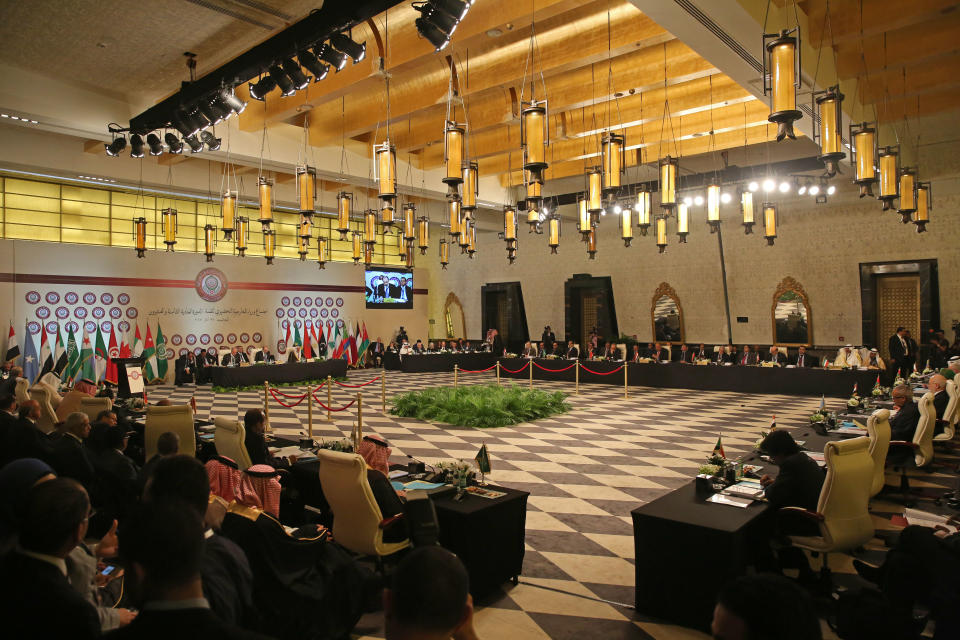 Ministers and representatives of the Arab League meet on the Dead Sea in Jordan, Monday, March 27, 2017. Jordan is hosting the annual meeting that this year is focused on Syria, Yemen, Iraq, and Palestine in the wake of the election of Donald Trump. Sudan's official news agency said Sunday that President Omar al-Bashir will attend the meeting later this week, despite a long-standing warrant for his arrest by the International Criminal Court on charges of war crimes and genocide.(AP Photo/Muntasser Akour)