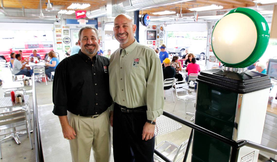 Owners Jeff Kaplan, left, and Randy Kaplan, right, in their Parkette’s Dine-In Garage located behind the restaurant, 1230 East New Circle Rd. in Lexington, Ky., Friday, August 9 2013. The dine-in garage has 90 seats in a retro-50’s look.
