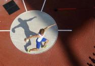 France's Kevin Mayer competes in the men's decathlon discus throw event at the London 2012 Olympic Games at the Olympic Stadium August 9, 2012.