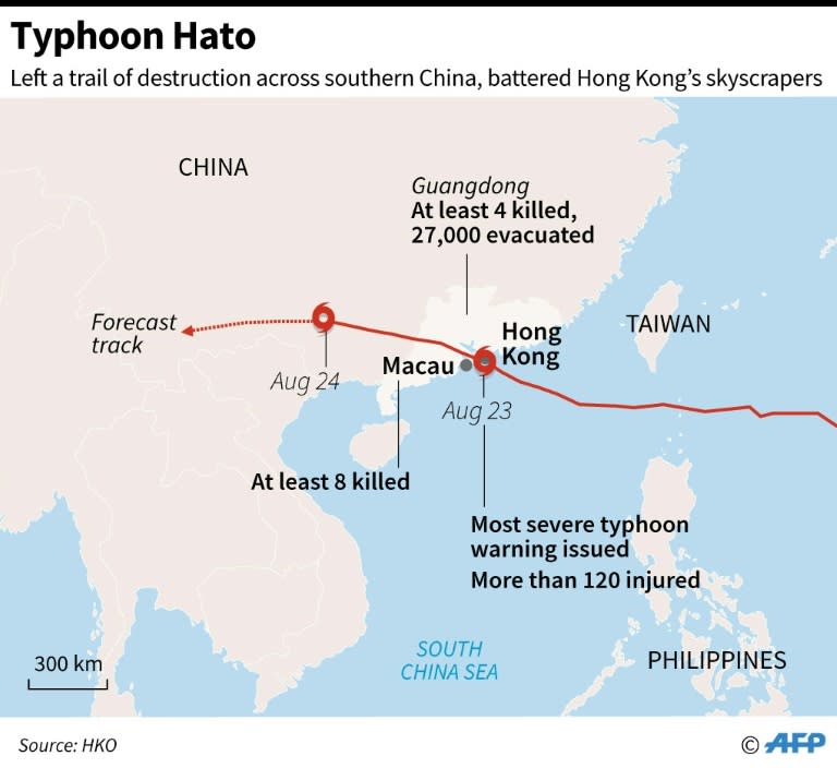 Updated map showing the path of Typhoon Hato, which left a trail of destruction across southern China and battered Hong Kong's skyscrapers