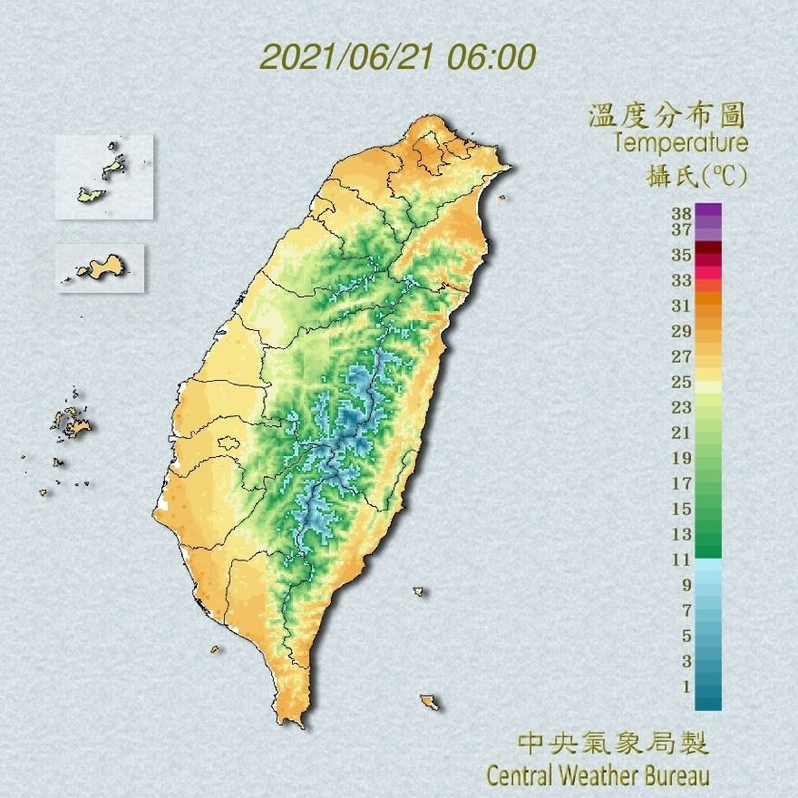 全國溫度分布圖（中央氣象局提供）