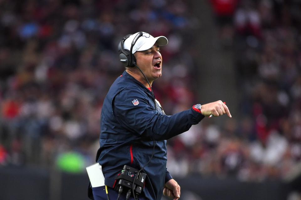 Houston Texans' coach Bill O'Brien yells to the officials during the first half of an NFL football game against the Tennessee Titans Sunday, Dec. 29, 2019, in Houston. (AP Photo/Eric Christian Smith)