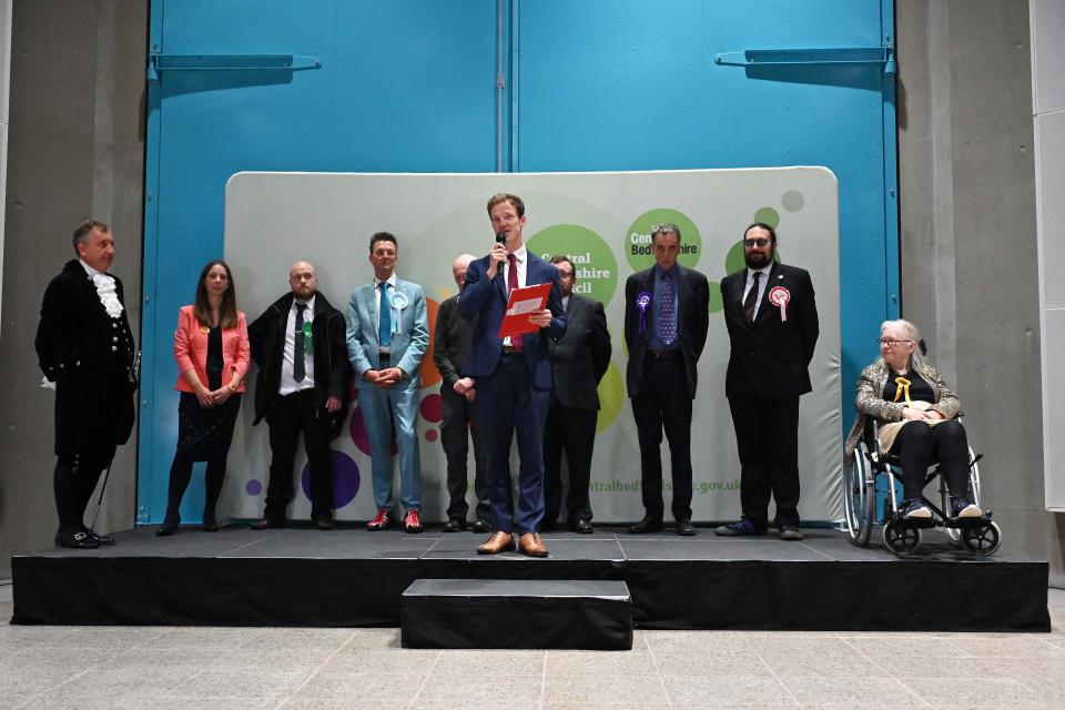 Labour Party candidate Alistair Strathern gives a speech after winning the Mid-Bedfordshire Parliamentary by-election, at the count centre in Shefford, north of London on 20 October 2023 (AFP via Getty Images)