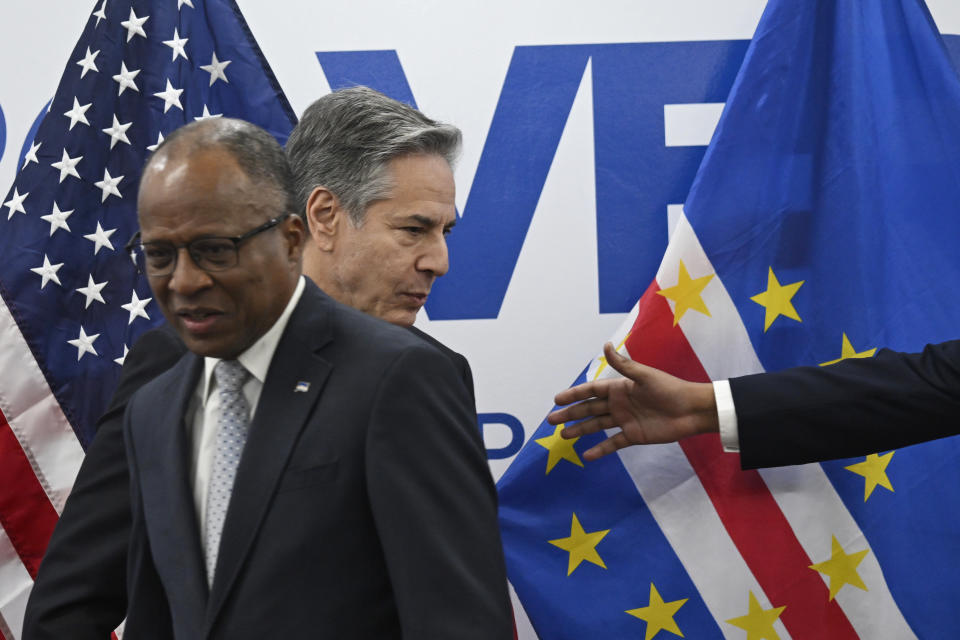 US Secretary of State Antony Blinken, arrives for a meeting with Cape Verde Prime Minister Ulisses Correia e Silva, left, at the Government Palace in Praia, Cape Verde, Monday, Jan. 22, 2024. (Andrew Caballero-Reynolds/Pool Photo via AP)