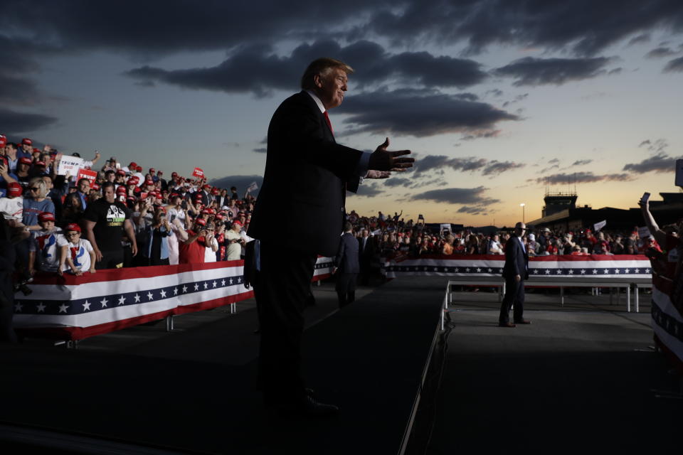 President Donald Trump gestures to the crowd as he finishes speaking at a campaign rally, Monday, May 20, 2019, in Montoursville, Pa. (AP Photo/Evan Vucci)