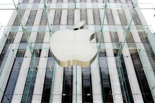 Apple company logo at the Apple store in New York. Apple invited members of the media to a September 12 event in San Francisco for what is expected to be the debut of a new-generation iPhone