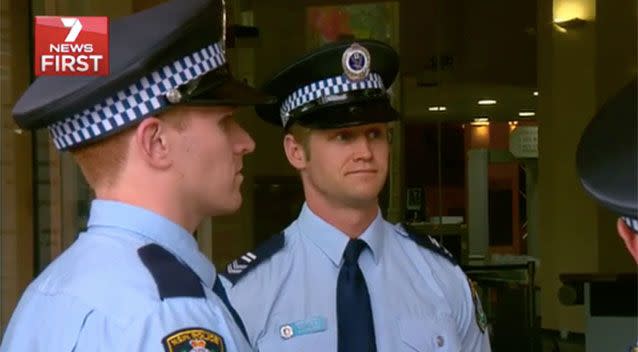 Senior constable Matthew Kitchener (right) outside court. Source: 7 News