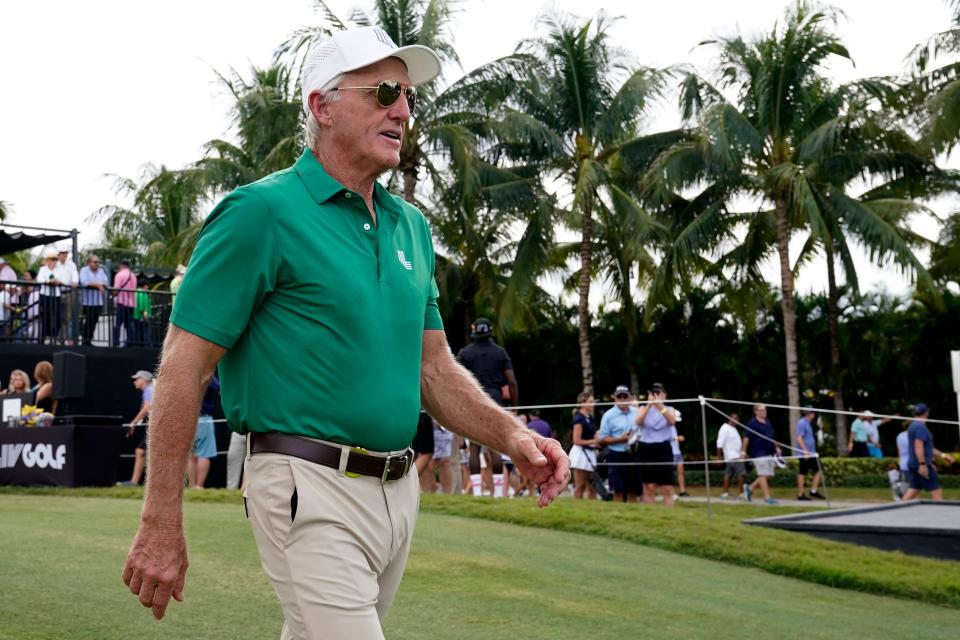 LIV Golf CEO Greg Norman walks on the first hole on the first day of the LIV Golf Team Championship at the Trump National Doral golf club, Friday, Oct. 20, 2023, in Doral, Fla. (AP Photo/Lynne Sladky)