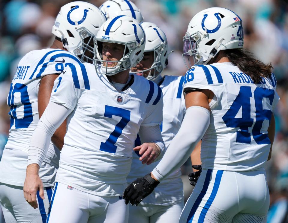 Indianapolis Colts place kicker Matt Gay (7) after his first quarter field goal to go up 3-0 during game action at EverBank Stadium on Sunday, Oct 15, 2023, in Jacksonville.