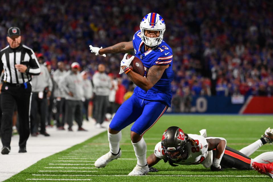 ORCHARD PARK, NEW YORK - OCTOBER 26: Gabe Davis #13 of the Buffalo Bills carries the ball against the Tampa Bay Buccaneers during the second half of the game at Highmark Stadium on October 26, 2023 in Orchard Park, New York. (Photo by Rich Barnes/Getty Images)