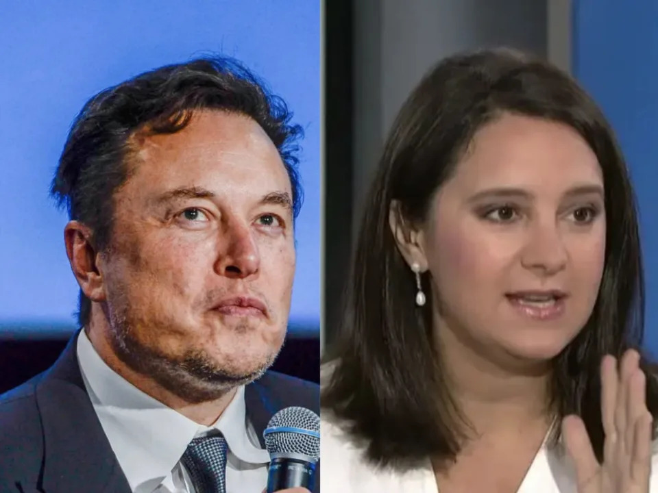 A composite of Elon Musk and Bari Weiss.