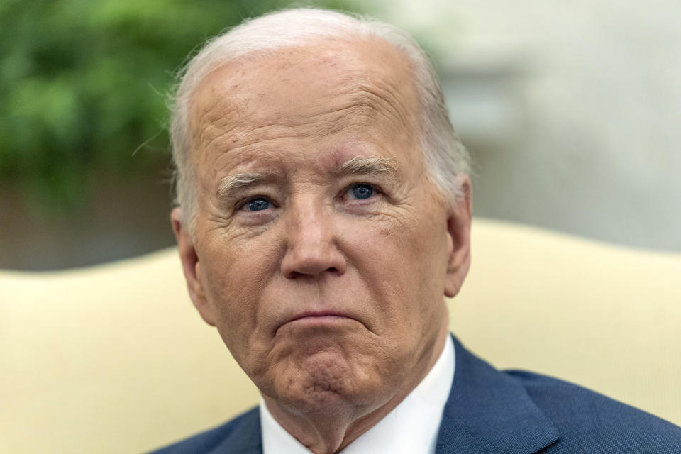 President Joe Biden listens as he meets with Iraq's Prime Minister Shia al-Sudani in the Oval Office of the White House, Monday, April 15, 2024, in Washington. (AP Photo/Alex Brandon)