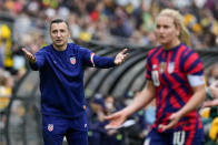 United States' coach Vlatko Andonovski gestures to a match official during the international soccer match between the United States and Australia at Stadium Australia in Sydney, Saturday, Nov. 27, 2021. (AP Photo/Mark Baker)