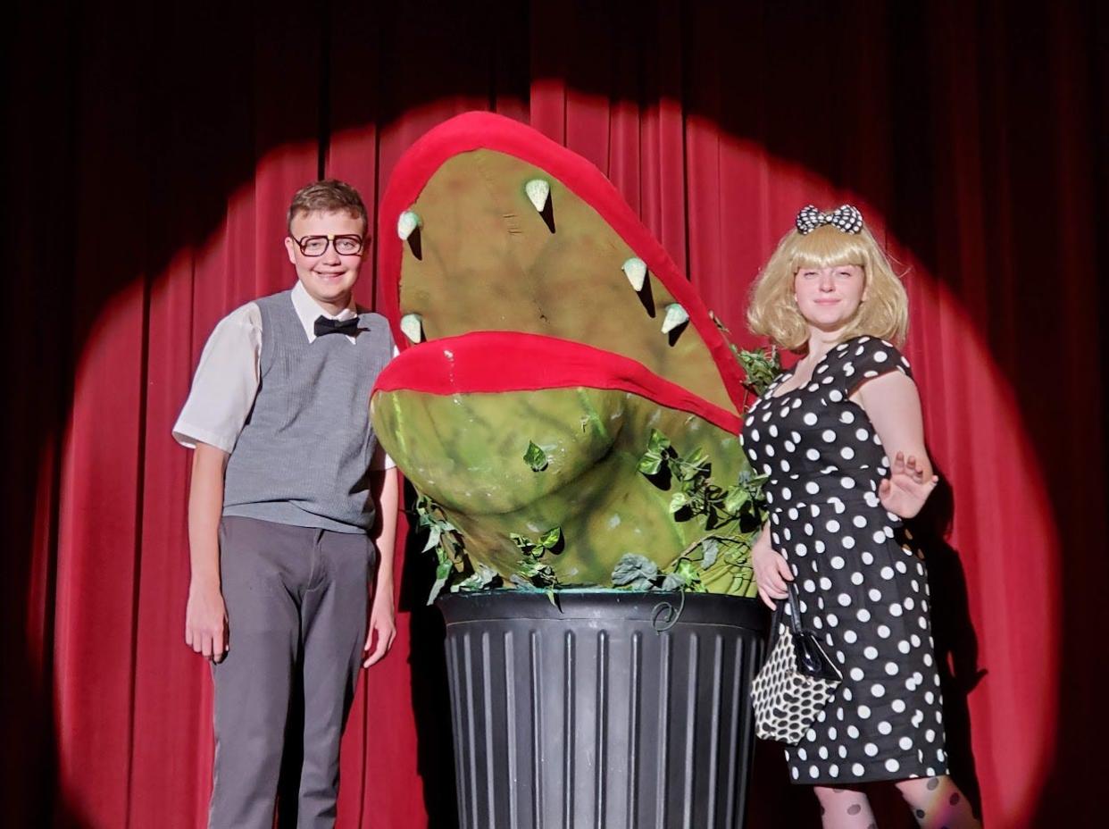Seymour, Audrey and the plant in Little Shop at Noble High School