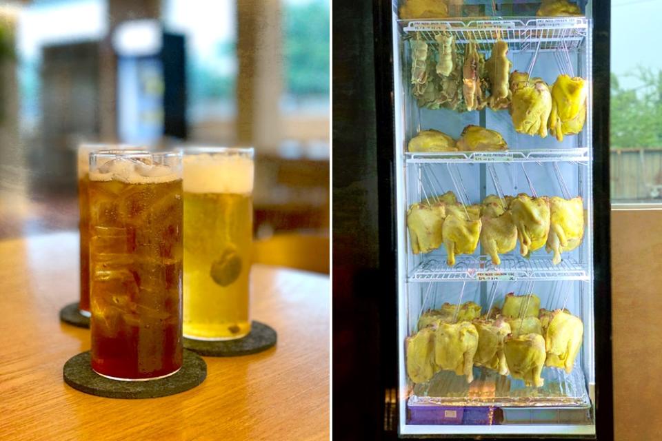 House-made fizzy beverages (left). The chiller for dry-aged poultry and meat (right).