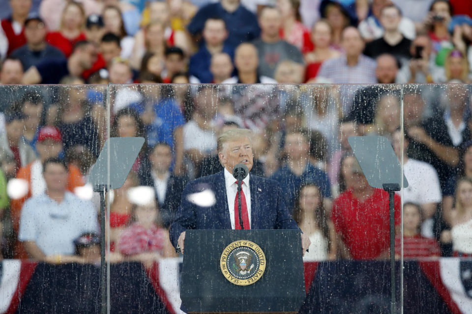 President Donald Trump speaks during an Independence Day celebration in front of the Lincoln Memorial, Thursday, July 4, 2019, in Washington. (AP Photo/Alex Brandon)