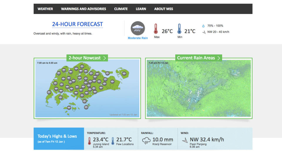A screengrab of the MSS website showing temperatures dropping to 21 degrees in parts of Singapore.