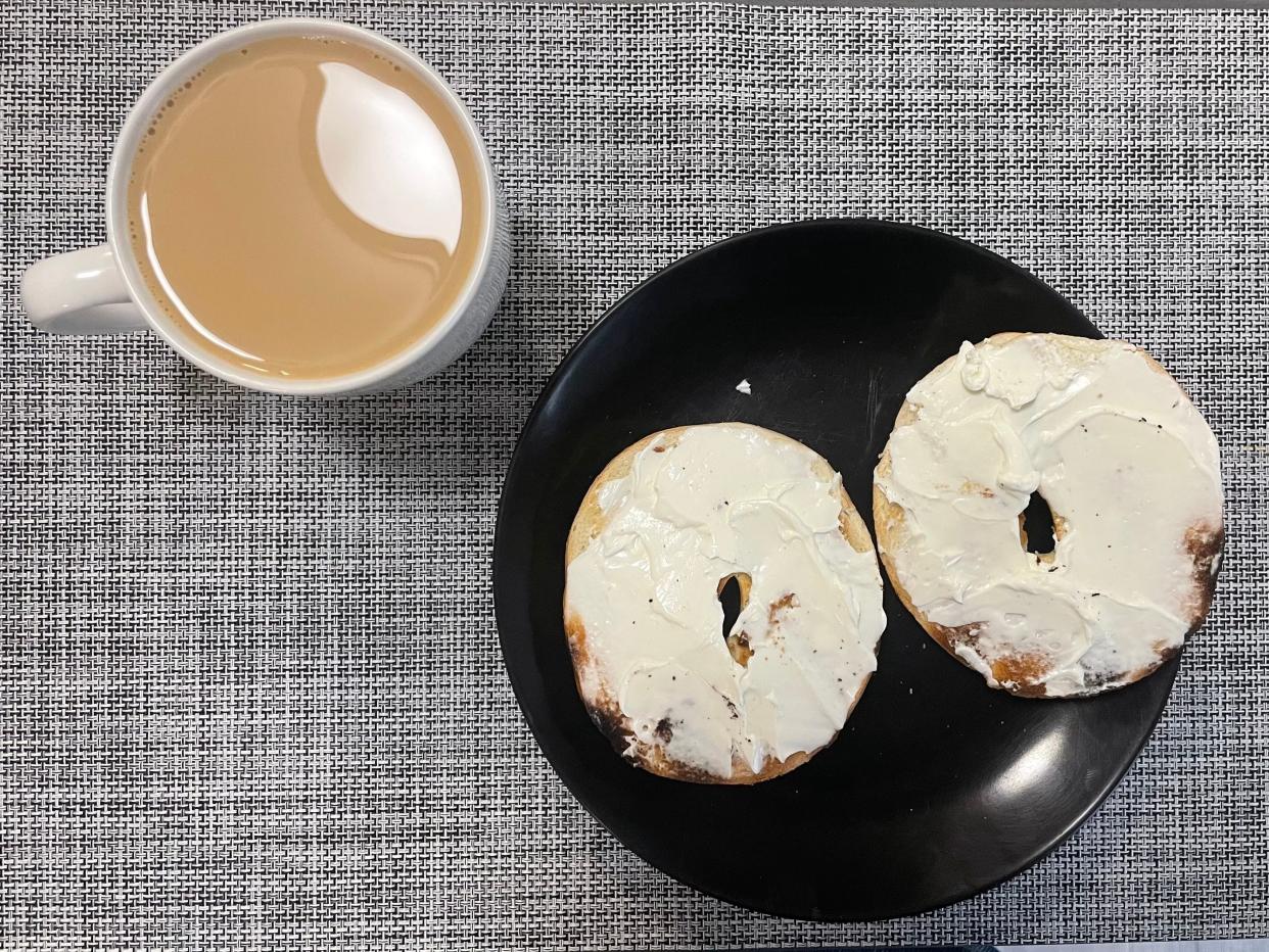 My coffee and bagel for breakfast.