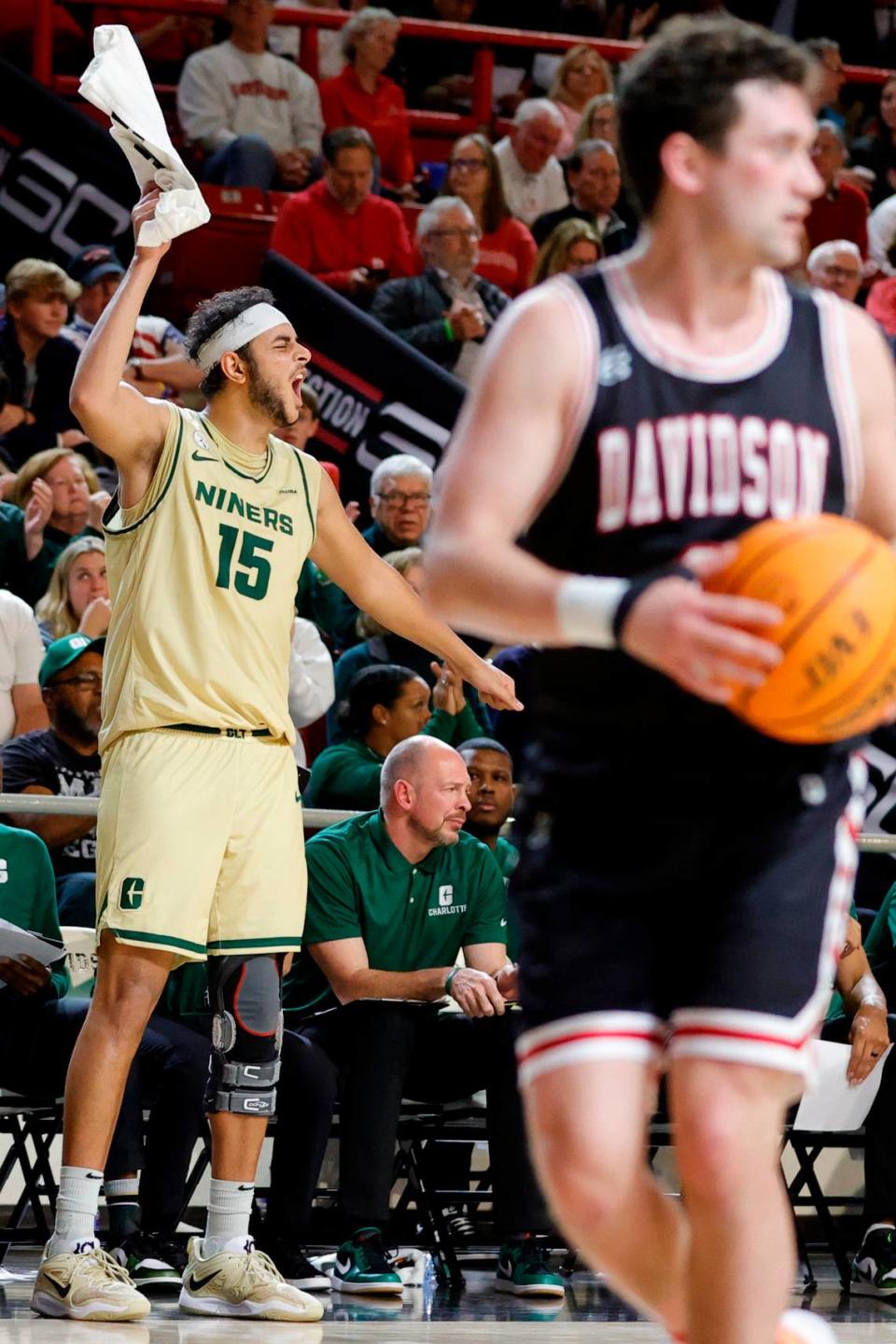 Charlotte 49ers forward Aly Khalifa (15) celebrates during a game against the Davidson Wildcats at Belk Arena in Davidson, N.C., Tuesday, Nov. 29, 2022.