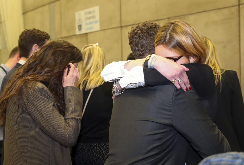 Supporters of Conservative candidate Zac Goldsmith hug after hearing at St Mary's University, in Strawberry Hill, Twickenham, that he had lost his Richmond Park seat in the 2019 General Election. (Photo by Steve Parsons/PA Images via Getty Images)