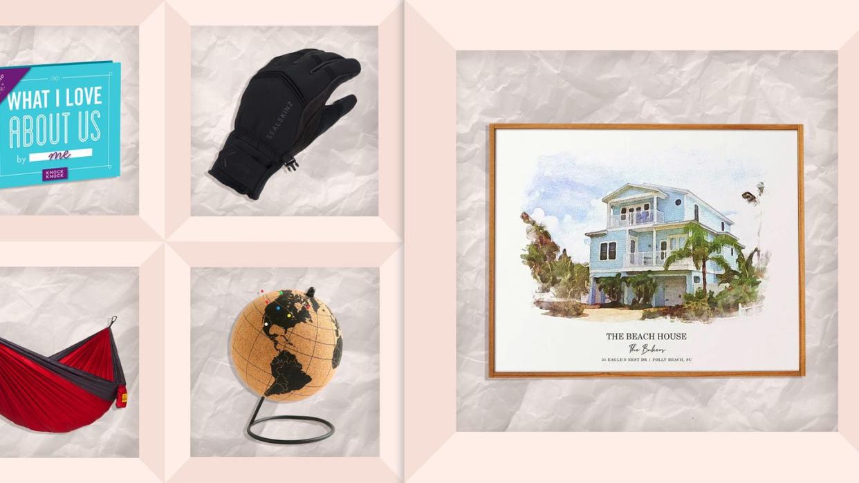 what i love about us book, gloves, framed painted scene, cork globe, camping hammock