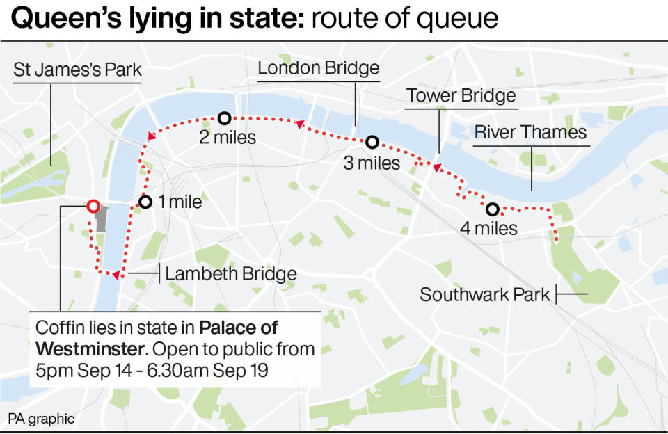 Queen's lying in state: route of queue. Updated following additional information from the Department for Digital, Culture, Media and Sport. Embargoed to 2200 Tuesday September 13. See story DEATH Queen. Infographic PA Graphics. An editable version of this graphic is available if required. Please contact graphics@pamediagroup.com.