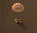 <p>The Soyuz MS-04 spacecraft is seen as it lands with Expedition 52 Commander Fyodor Yurchikhin of Roscosmos and Flight Engineers Peggy Whitson and Jack Fischer of NASA near the town of Zhezkazgan, Kazakhstan on Sunday, Sept. 3, 2017 (Kazakh time). Whitson is returning after 288 days in space where she served as a member of the Expedition 50, 51 and 52 crews. Yurchikhin and Fischer are returning after 136 days in space where they served as members of the Expedition 51 and 52 crews onboard the International Space Station. (Photo: NASA/Bill Ingalls) </p>