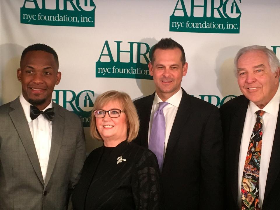 Yankees third baseman Miguel Andujar; Diana Munson, wife of late Yankees captain Thurman Munson; Yankees manager Aaron Boone; and former New York Mets star Ed Kranepool on Tuesday, Feb. 5, 2019, at the Thurman Munson Awards Dinner at the Grand Hyatt New York.