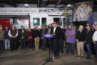 Former President Donald Trump speaks at the East Palestine Fire Department as he visits the area in the aftermath of the Norfolk Southern train derailment Feb. 3 in East Palestine, Ohio, Wednesday, Feb. 22, 2023. (AP Photo/Matt Freed)