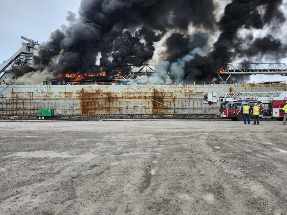 The Cuyahoga, one of the oldest ships on the Great Lakes, is experiencing a fire, the U.S. Coast Guard said Friday.  (U.S. Coast Guard/X - image credit)