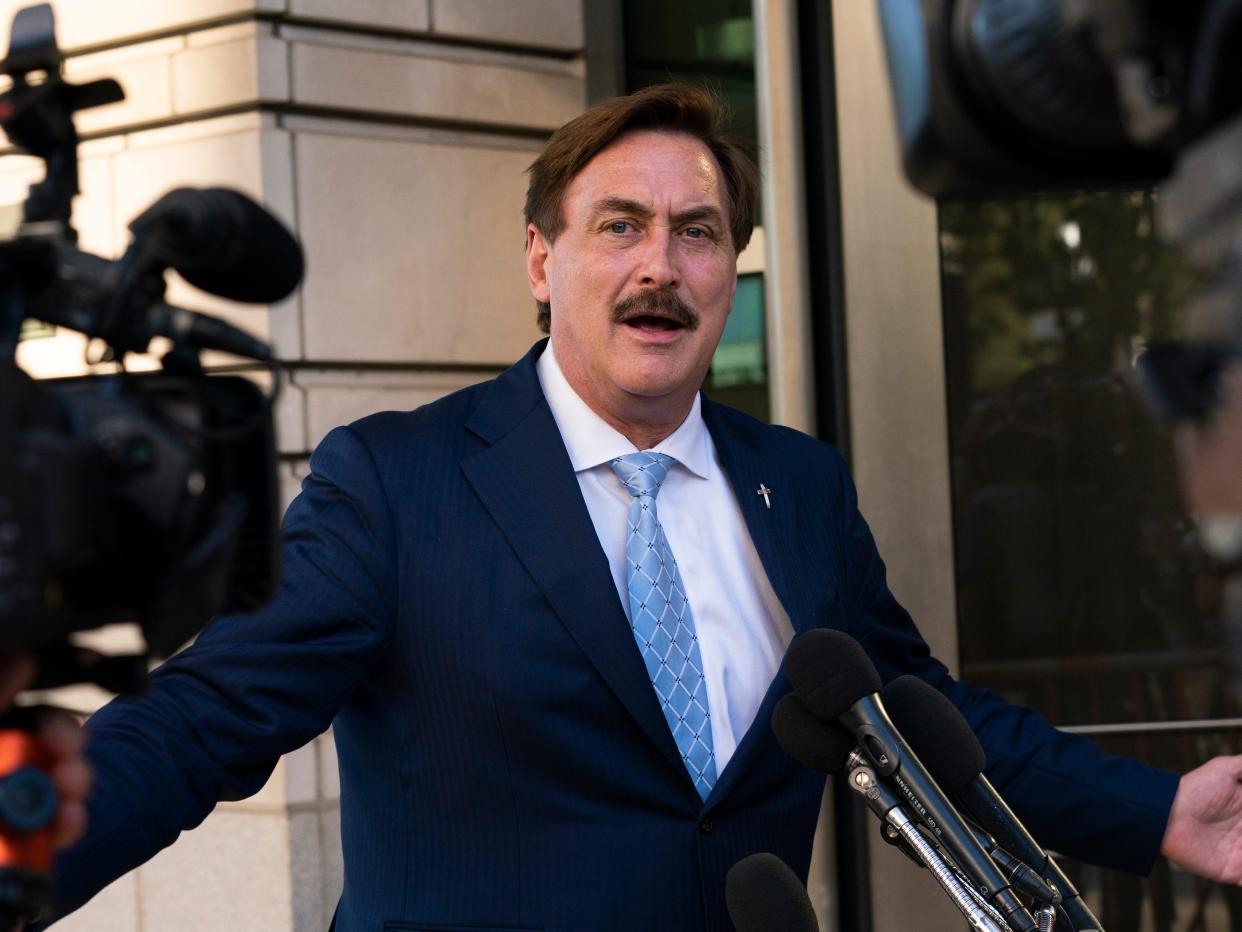 MyPillow chief executive Mike Lindell, speaks to reporters outside federal court in Washington, Thursday, June 24, 2021.