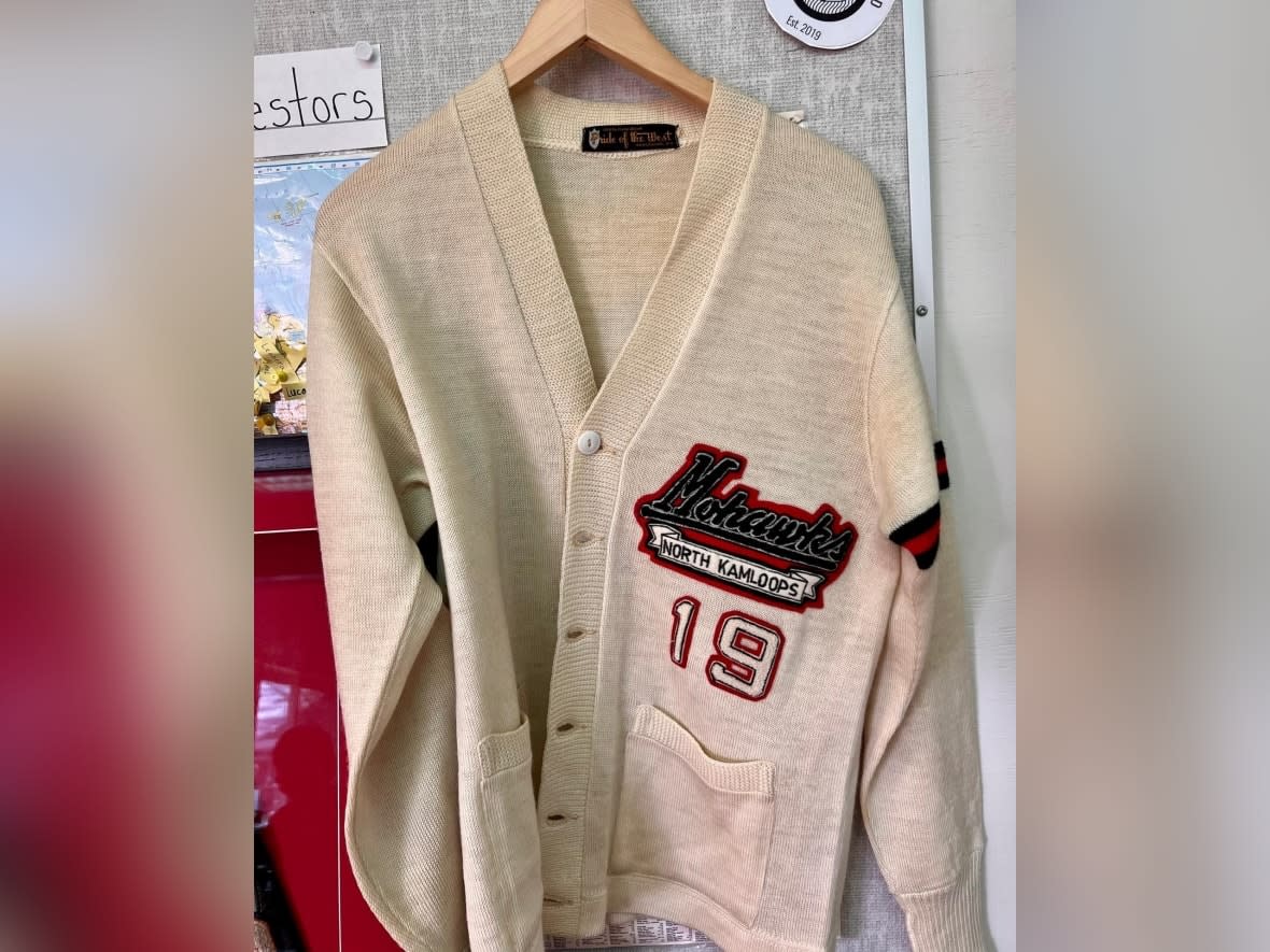 A cardigan with the logo of the North Kamloops Mohawks baseball team is pictured in the classroom of Mike Wood, a teacher at Bert Edwards Science and Technology School in North Kamloops, B.C. (Doug Herbert/CBC - image credit)