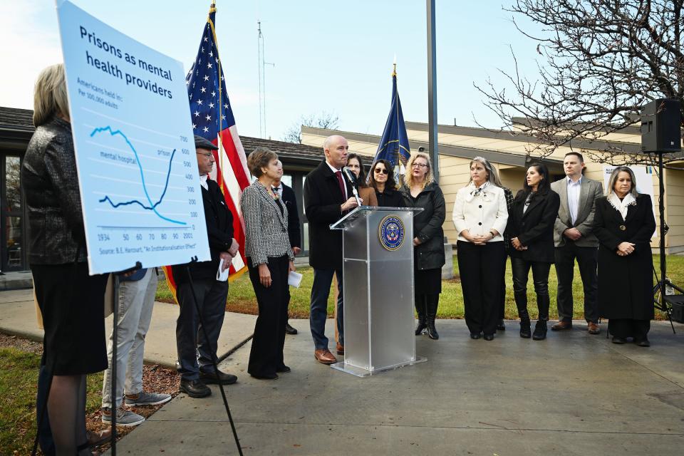 Gov. Spencer Cox is joined by local leaders and Lt. Gov. Deidre Henderson as he unveils the state’s fiscal year 2025 homelessness plan at a press conference at Atherton Community Treatment Center in West Valley City on Monday, Dec. 4, 2023. | Scott G Winterton, Deseret News