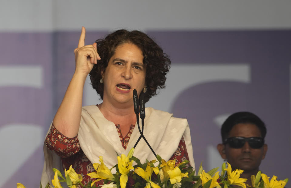 Congress p[arty leader Priyanka Gandhi Vadra speaks during the 'Save Democracy' rally organized by INDIA bloc, a group formed by opposition parties, in New Delhi, India, Sunday, March 31, 2024. The "Save Democracy" rally was the first major public demonstration by the opposition bloc INDIA against the arrest of New Delhi's top elected official and opposition leader Arvind Kejriwal on March 21, in a liquor bribery case. (AP Photo/Manish Swarup)