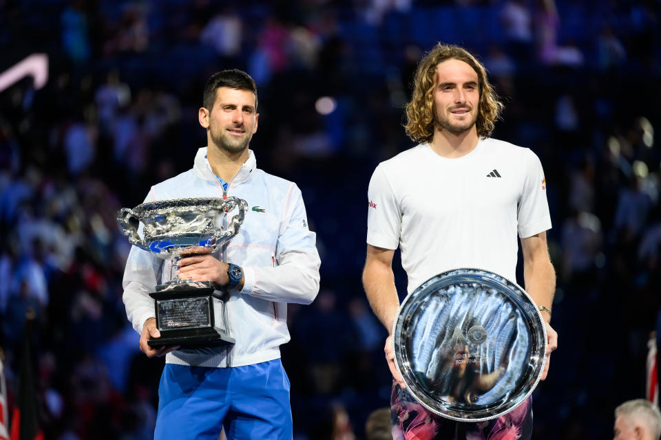 Novak Djokovic and Stefanos Tsitsipas, pictured here with their trophies after the Australian Open final.