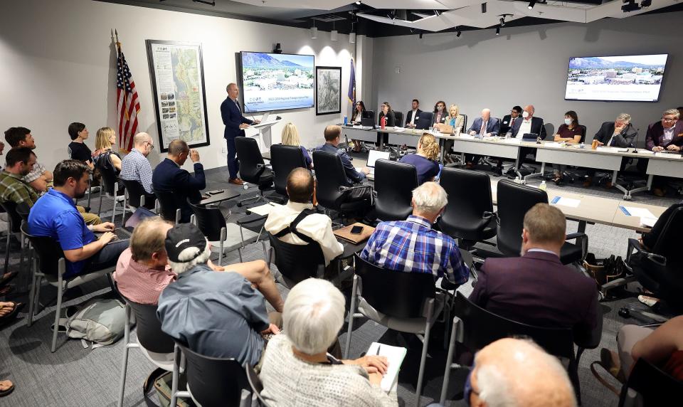 Jory Johner, Wasatch Front Regional Council director of long range planning, talks about the Regional Transit Plan (RTP) during a WFRC meeting at the WFRC in Salt Lake City on Thursday, May 25, 2023. The WFRC voted against removing a Little Cottonwood Canyon gondola from the plan. | Kristin Murphy, Deseret News