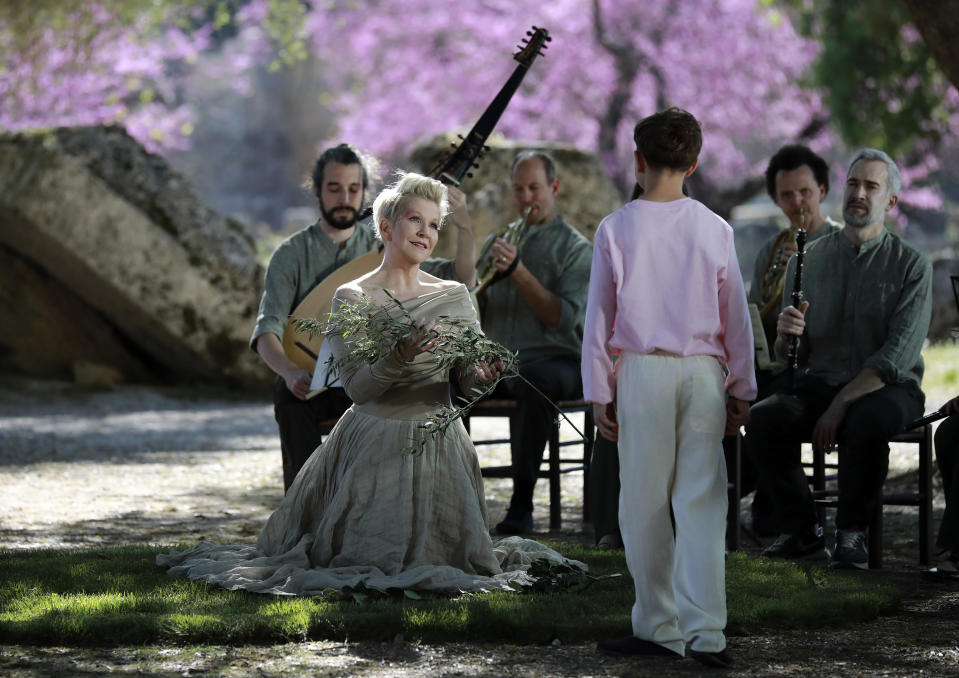 Mezzo-soprano Joyce DiDonato appears on April 8, 2024 at Ancient Olympia, Greece, during the recording of "Eden in Olympia." The film, directed by Olivier Simonnet, will be released on ARTE, ERT2 and Carnegie Hall+. (Cate Pisaroni via AP)