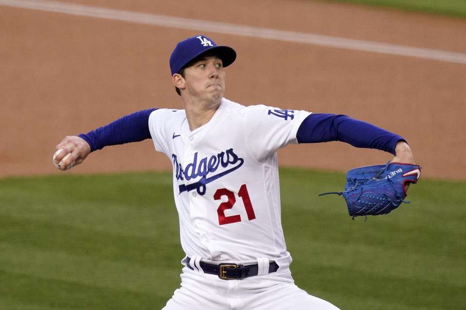 Los Angeles Dodgers starting pitcher Walker Buehler throws to the plate during the first inning of a baseball game against the Arizona Diamondbacks Monday, May 17, 2021, in Los Angeles. (AP Photo/Mark J. Terrill)