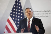 U.S. Secretary of State Mike Pompeo holds a joint news conference with Austrian Foreign Minister Alexander Schallenberg in Vienna Austria, Friday Aug. 14, 2020. Pompeo is on a five-day visit to central Europe. (Lisi Niesner/Pool via AP)