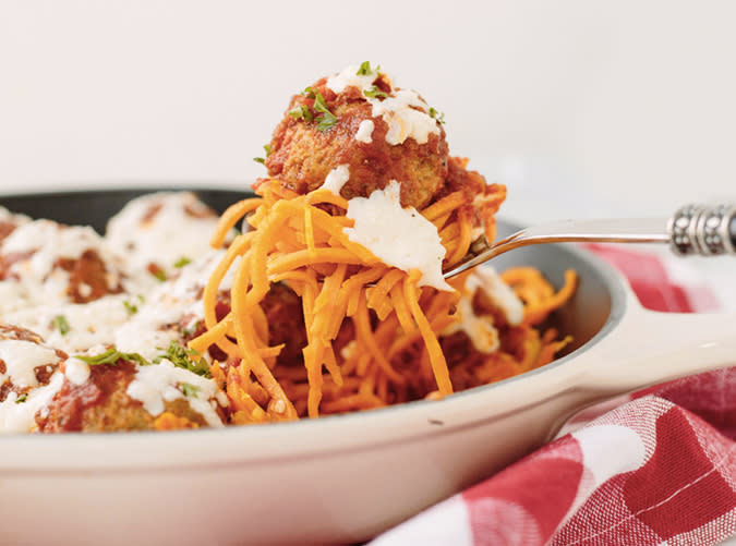 Chicken Meatball Parmigiana and Sweet Potato Noodle Bake