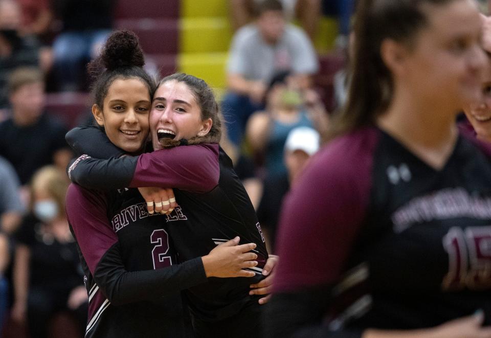 Kendyl Bryson, left, and Brayden Hipp of Riverdale celebrate their 3-0 win over Braden River in the regional semifinals on Wednesday, Nov. 3, 2021, at Riverdale High School in Fort Myers.